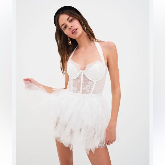 FOR LOVE & LEMONS X REVOLVE Mini Bustier Dress White lace tulle halter S - Picture 1 of 12